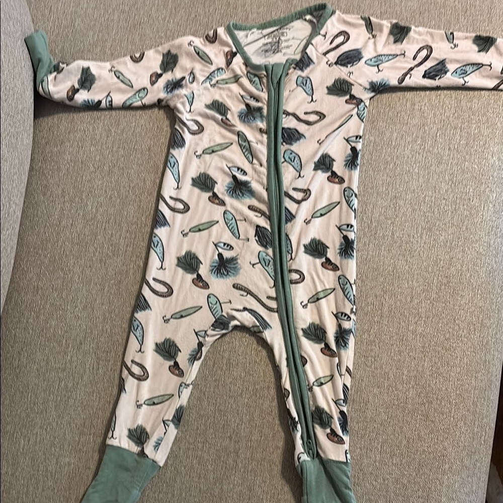 Caden Lane Fishing print kids  Footie in Cream and Green